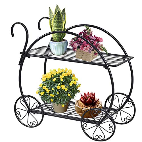 aboxoo Two-Tiered Garden Cart Metal Plant Stand, Succulent Flower Pot Holder Display Shelf for Indoor Outdoor Home Patio Garden Flower Shop, Parisian Style Plant Potted Rack(Black)