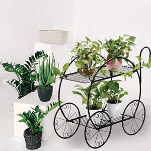 aboxoo Two-Tiered Garden Cart Metal Plant Stand, Succulent Flower Pot Holder Display Shelf for Indoor Outdoor Home Patio Garden Flower Shop, Parisian Style Plant Potted Rack(Black)