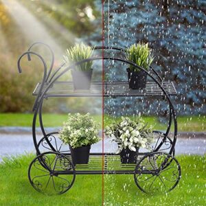 aboxoo Two-Tiered Garden Cart Metal Plant Stand, Succulent Flower Pot Holder Display Shelf for Indoor Outdoor Home Patio Garden Flower Shop, Parisian Style Plant Potted Rack(Black)