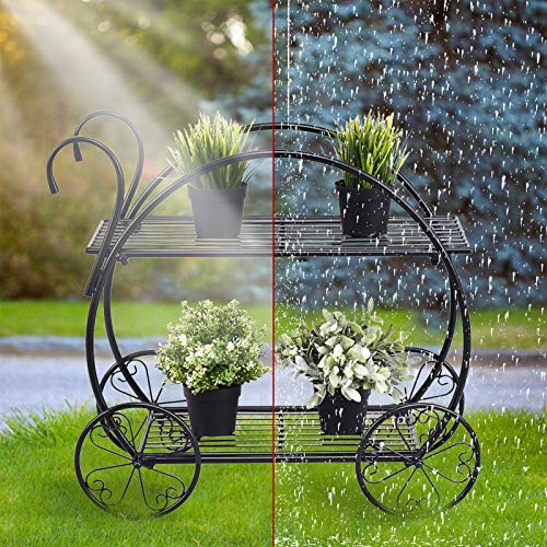 aboxoo Two-Tiered Garden Cart Metal Plant Stand, Succulent Flower Pot Holder Display Shelf for Indoor Outdoor Home Patio Garden Flower Shop, Parisian Style Plant Potted Rack(Black)