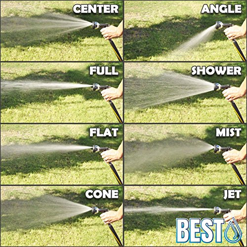 BEST Garden Hose Nozzle (HIGH Pressure Technology) - 8 Way Spray Pattern - Jet, Mist, Shower, Flat, Full, Center, Cone, and Angel Water Sprayer Settings - Rear Trigger Design - Steel Chrome Design