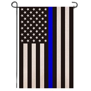 shmbada usa thin blue line burlap garden flag – black white and blue stripe american police flag honoring law enforcement officers – premium double sided outdoor yard lawn small decor – 12 x18 inch