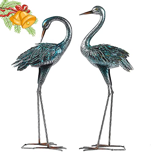 Kicust Garden Crane Statue for Outdoor, Blue Heron Decoy Garden Sculptures and Statues, Metal Bird Yard Art for Lawn Patio Decor, Set of 2