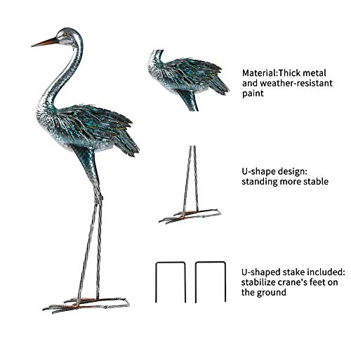 Kicust Garden Crane Statue for Outdoor, Blue Heron Decoy Garden Sculptures and Statues, Metal Bird Yard Art for Lawn Patio Decor, Set of 2