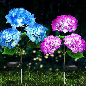 solar lights outdoor decorative – 2 pack hydrangea solar garden stake lights waterproof and realistic led flowers powered outdoor in-ground lights for garden lawn patio backyard (purple and blue)