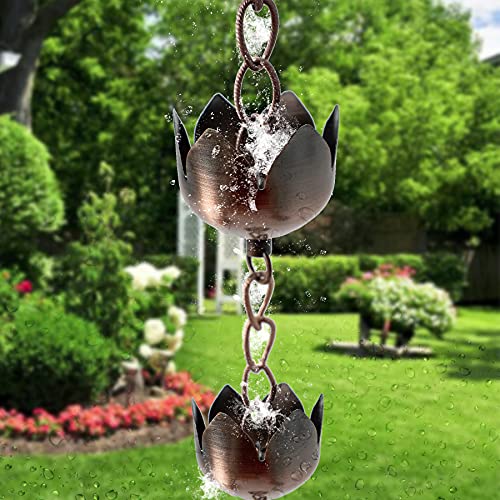 Hand-Crafted Iron Rain Chain Gutter – 6 Feet Length-Downspouts for Heavy Wind Rain - Umbrella Rain Chains Anchor for Home- Pewter Chain Link with Anchor Umbrellas Petals - for Home & Garden decoration