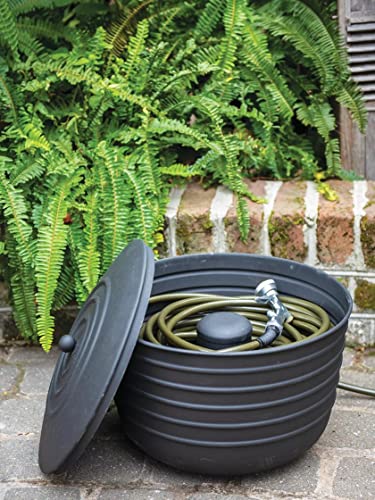 Gardener's Supply Company Garden Hose Pot with Lid | Matte Black Low Carbon Steel Watering Hose Storage with Hose Access Port | for Outdoor Garden, Backyard, & Patio | Holds 100ft Hose