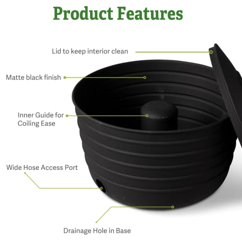 Gardener's Supply Company Garden Hose Pot with Lid | Matte Black Low Carbon Steel Watering Hose Storage with Hose Access Port | for Outdoor Garden, Backyard, & Patio | Holds 100ft Hose