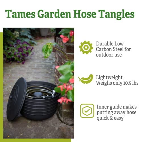 Gardener's Supply Company Garden Hose Pot with Lid | Matte Black Low Carbon Steel Watering Hose Storage with Hose Access Port | for Outdoor Garden, Backyard, & Patio | Holds 100ft Hose