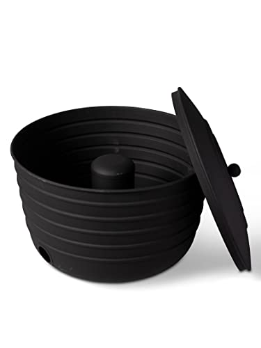 Gardener's Supply Company Garden Hose Pot with Lid | Matte Black Low Carbon Steel Watering Hose Storage with Hose Access Port | for Outdoor Garden, Backyard, & Patio | Holds 100ft Hose