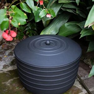 Gardener's Supply Company Garden Hose Pot with Lid | Matte Black Low Carbon Steel Watering Hose Storage with Hose Access Port | for Outdoor Garden, Backyard, & Patio | Holds 100ft Hose