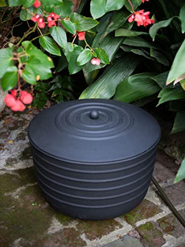 Gardener's Supply Company Garden Hose Pot with Lid | Matte Black Low Carbon Steel Watering Hose Storage with Hose Access Port | for Outdoor Garden, Backyard, & Patio | Holds 100ft Hose