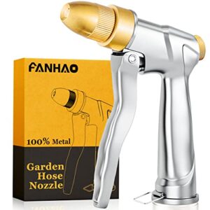 fanhao garden hose nozzle with brass tip, 100% heavy duty metal spray nozzle high pressure water nozzle with adjustable spray patterns for watering plants, washing cars and showering pets