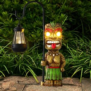 mibung upgraded tiki decor garden statue, large tiki figurine with solar lantern lights, hawaiian tropical tiki man warrior, tiki dude, tiki torch, outdoor patio yard lawn bar party beach decoration