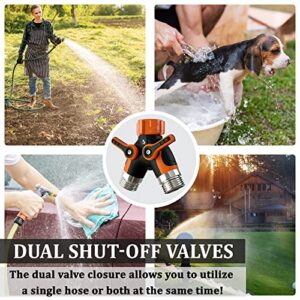 Hose Splitter 2 Way, Heavy Duty Metal Connector, Two Way Garden Hose Splitter, High Flow Spigot Faucet Bib Adapter, Solid Double Y Shut Off Valve for Outdoor Gardening Hoses, Orange