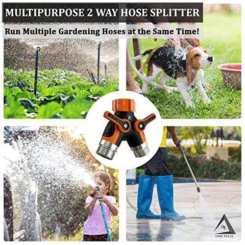 Hose Splitter 2 Way, Heavy Duty Metal Connector, Two Way Garden Hose Splitter, High Flow Spigot Faucet Bib Adapter, Solid Double Y Shut Off Valve for Outdoor Gardening Hoses, Orange