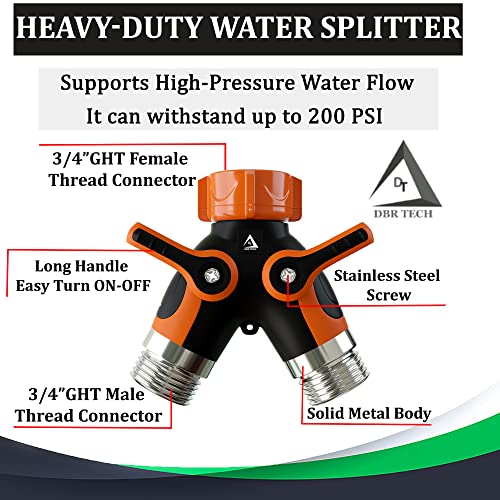 Hose Splitter 2 Way, Heavy Duty Metal Connector, Two Way Garden Hose Splitter, High Flow Spigot Faucet Bib Adapter, Solid Double Y Shut Off Valve for Outdoor Gardening Hoses, Orange