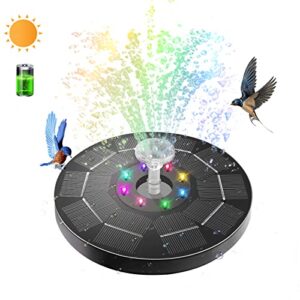 3w solar bird bath fountain pump built-in 1500mah battery with colorful lights, 6.3″ solar water fountain with 7 nozzles & night mode, solar pump for bird bath, garden, pond, pool, outdoor