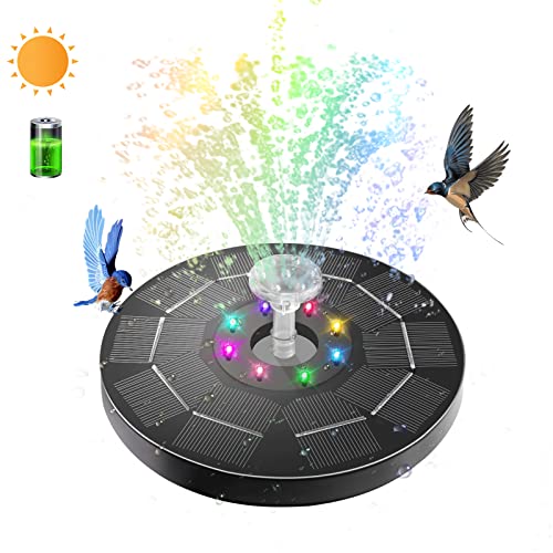 3W Solar Bird Bath Fountain Pump Built-in 1500mAh Battery with Colorful Lights, 6.3" Solar Water Fountain with 7 Nozzles & Night Mode, Solar Pump for Bird Bath, Garden, Pond, Pool, Outdoor