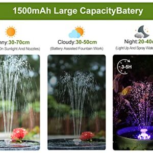 3W Solar Bird Bath Fountain Pump Built-in 1500mAh Battery with Colorful Lights, 6.3" Solar Water Fountain with 7 Nozzles & Night Mode, Solar Pump for Bird Bath, Garden, Pond, Pool, Outdoor