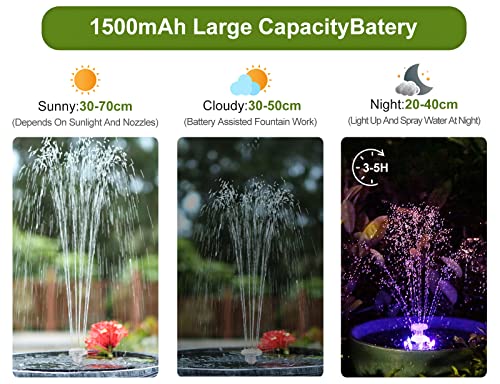 3W Solar Bird Bath Fountain Pump Built-in 1500mAh Battery with Colorful Lights, 6.3" Solar Water Fountain with 7 Nozzles & Night Mode, Solar Pump for Bird Bath, Garden, Pond, Pool, Outdoor