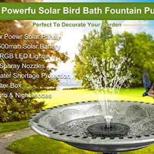 3W Solar Bird Bath Fountain Pump Built-in 1500mAh Battery with Colorful Lights, 6.3" Solar Water Fountain with 7 Nozzles & Night Mode, Solar Pump for Bird Bath, Garden, Pond, Pool, Outdoor