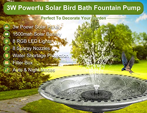 3W Solar Bird Bath Fountain Pump Built-in 1500mAh Battery with Colorful Lights, 6.3" Solar Water Fountain with 7 Nozzles & Night Mode, Solar Pump for Bird Bath, Garden, Pond, Pool, Outdoor