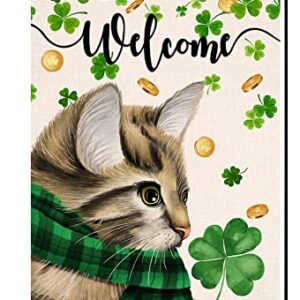 St. Patrick's Day Garden Flag 12x18 Vertical Double Sided Welcome Spring Cat Clover Farmhouse Holiday Outside Decorations Burlap Yard Flag BW242