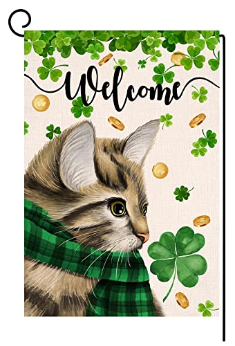 St. Patrick's Day Garden Flag 12x18 Vertical Double Sided Welcome Spring Cat Clover Farmhouse Holiday Outside Decorations Burlap Yard Flag BW242