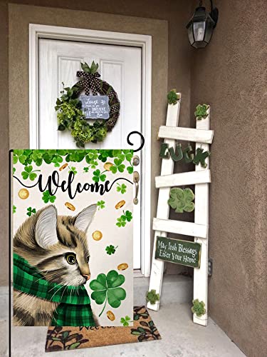 St. Patrick's Day Garden Flag 12x18 Vertical Double Sided Welcome Spring Cat Clover Farmhouse Holiday Outside Decorations Burlap Yard Flag BW242