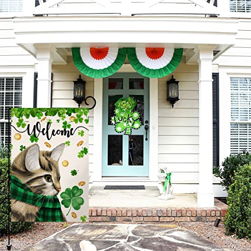 St. Patrick's Day Garden Flag 12x18 Vertical Double Sided Welcome Spring Cat Clover Farmhouse Holiday Outside Decorations Burlap Yard Flag BW242