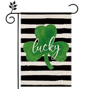 anydesign st. patrick’s day garden flag double-sided lucky shamrock yard flag rustic white black stripe farmhouse shamrock outdoor decoration for irish holiday, 12.5 x 18 inch