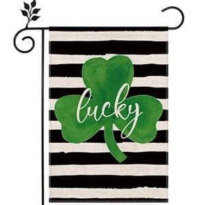 AnyDesign St. Patrick's Day Garden Flag Double-Sided Lucky Shamrock Yard Flag Rustic White Black Stripe Farmhouse Shamrock Outdoor Decoration for Irish Holiday, 12.5 x 18 Inch