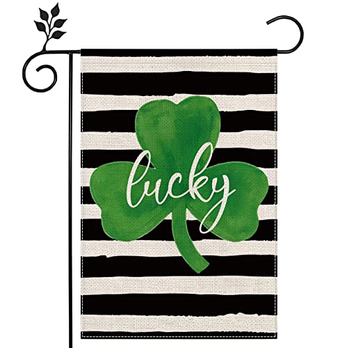 AnyDesign St. Patrick's Day Garden Flag Double-Sided Lucky Shamrock Yard Flag Rustic White Black Stripe Farmhouse Shamrock Outdoor Decoration for Irish Holiday, 12.5 x 18 Inch