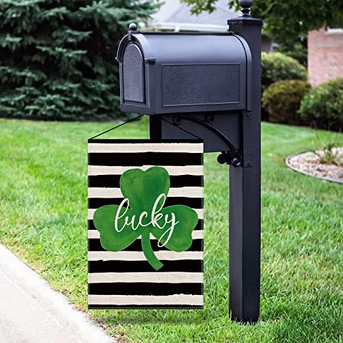 AnyDesign St. Patrick's Day Garden Flag Double-Sided Lucky Shamrock Yard Flag Rustic White Black Stripe Farmhouse Shamrock Outdoor Decoration for Irish Holiday, 12.5 x 18 Inch