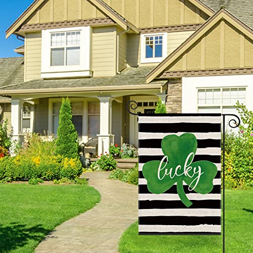 AnyDesign St. Patrick's Day Garden Flag Double-Sided Lucky Shamrock Yard Flag Rustic White Black Stripe Farmhouse Shamrock Outdoor Decoration for Irish Holiday, 12.5 x 18 Inch