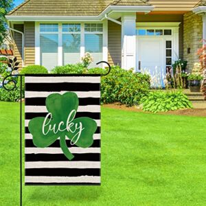 AnyDesign St. Patrick's Day Garden Flag Double-Sided Lucky Shamrock Yard Flag Rustic White Black Stripe Farmhouse Shamrock Outdoor Decoration for Irish Holiday, 12.5 x 18 Inch