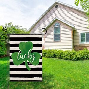 AnyDesign St. Patrick's Day Garden Flag Double-Sided Lucky Shamrock Yard Flag Rustic White Black Stripe Farmhouse Shamrock Outdoor Decoration for Irish Holiday, 12.5 x 18 Inch