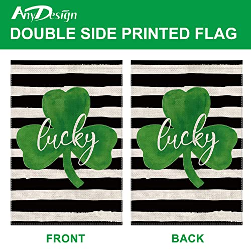 AnyDesign St. Patrick's Day Garden Flag Double-Sided Lucky Shamrock Yard Flag Rustic White Black Stripe Farmhouse Shamrock Outdoor Decoration for Irish Holiday, 12.5 x 18 Inch