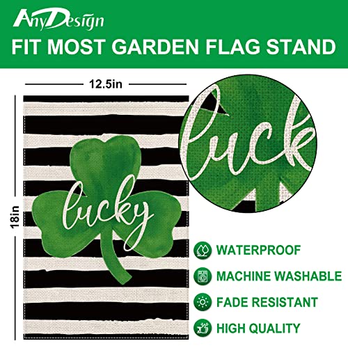 AnyDesign St. Patrick's Day Garden Flag Double-Sided Lucky Shamrock Yard Flag Rustic White Black Stripe Farmhouse Shamrock Outdoor Decoration for Irish Holiday, 12.5 x 18 Inch