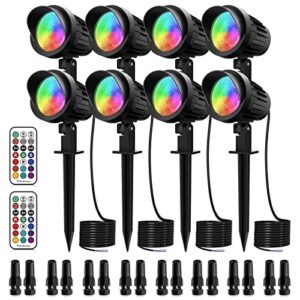 meikee rgb low voltage landscape lights, 7w dc/ac 12v 24v rgb color changing led landscape lighting, ip66 waterproof outdoor spotlights for garden pathway christmas decoration (8 pack with connectors)