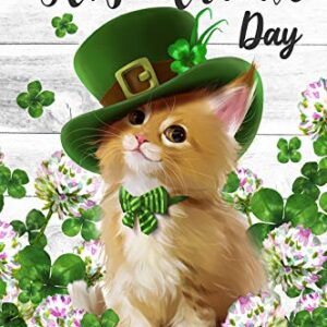 Texupday Happy St. Patrick's Day Cute Cat Kitty with Hat Clover Shamrock Floral Decoration Garden Flag Outdoor Yard Flag 12" x 18"