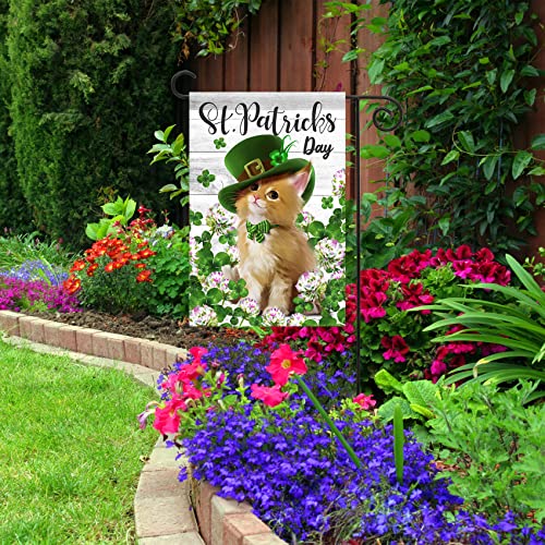 Texupday Happy St. Patrick's Day Cute Cat Kitty with Hat Clover Shamrock Floral Decoration Garden Flag Outdoor Yard Flag 12" x 18"