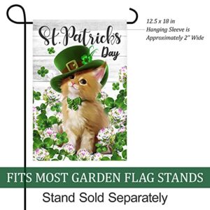 Texupday Happy St. Patrick's Day Cute Cat Kitty with Hat Clover Shamrock Floral Decoration Garden Flag Outdoor Yard Flag 12" x 18"