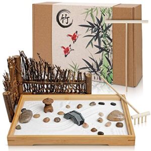 enso – japanese zen garden kit for desk – 11×7.5 inches large – bamboo tray, white sand, river rocks, pebbles, rake tools set – office table accessories, mini zen sand garden kit – meditation gifts