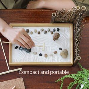 ENSO - Japanese Zen Garden Kit for Desk - 11x7.5 Inches Large - Bamboo Tray, White Sand, River Rocks, Pebbles, Rake Tools Set - Office Table Accessories, Mini Zen Sand Garden Kit - Meditation Gifts