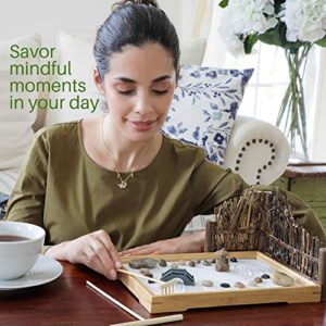 ENSO - Japanese Zen Garden Kit for Desk - 11x7.5 Inches Large - Bamboo Tray, White Sand, River Rocks, Pebbles, Rake Tools Set - Office Table Accessories, Mini Zen Sand Garden Kit - Meditation Gifts