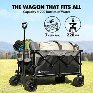 Hikenture Collapsible Wagon with Big Wheels, Enlarged Capacity Beach Wagon for Sand, Heavy Duty Folding Wagon Cart with 2 Drink Holders, Portable Utility Foldable Garden Cart for Outdoor, Camping