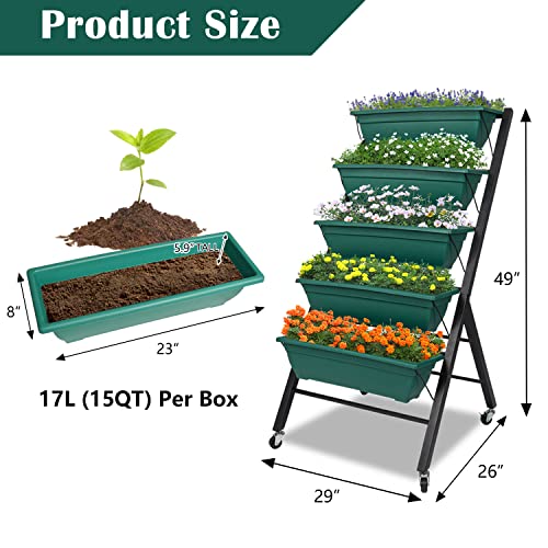 kinbor Raised Garden Bed with Wheels Vertical Garden Freestanding Elevated Planters with 5 Container Boxes for Outdoor Indoor Patio Balcony