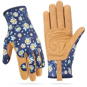 granila gardening gloves for women, leather breathable garden working gloves for weeding, digging, planting, raking and pruning (blue and brown)